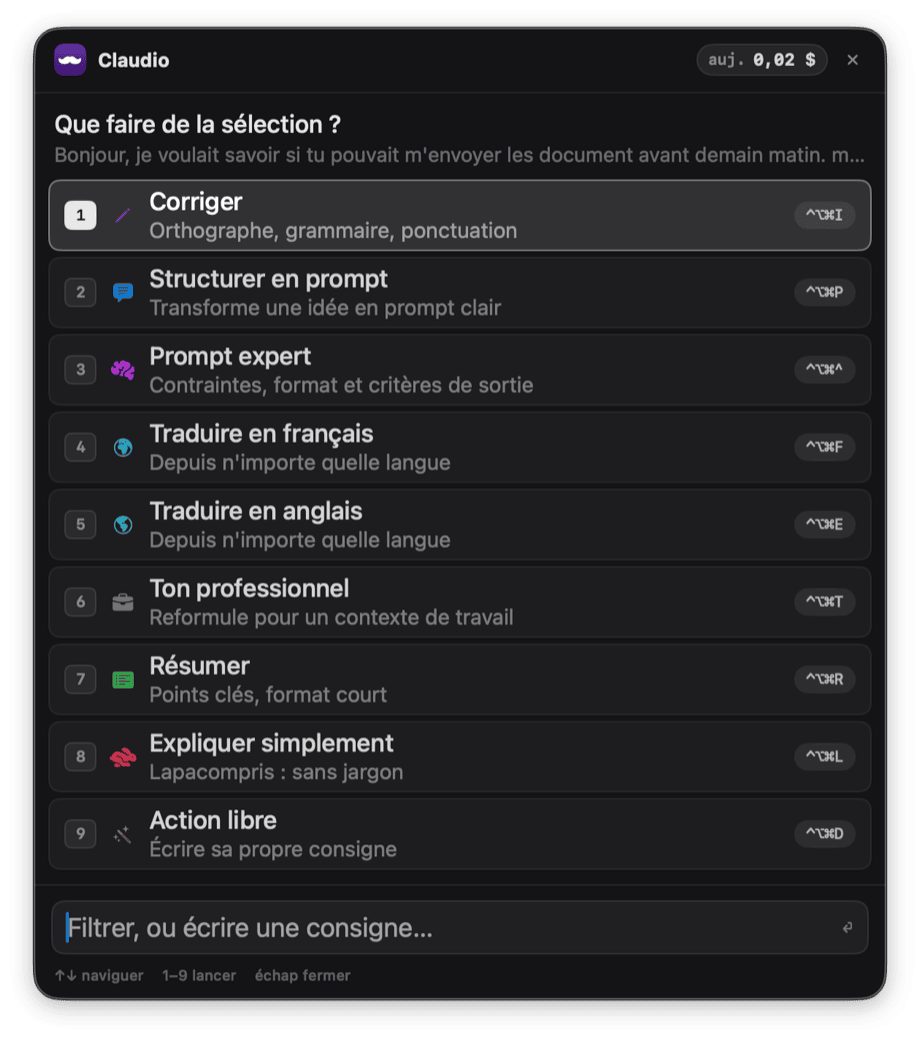 La palette d’actions de Claudio : les neuf actions numérotées avec leur raccourci, et un champ pour filtrer ou écrire sa propre consigne.
